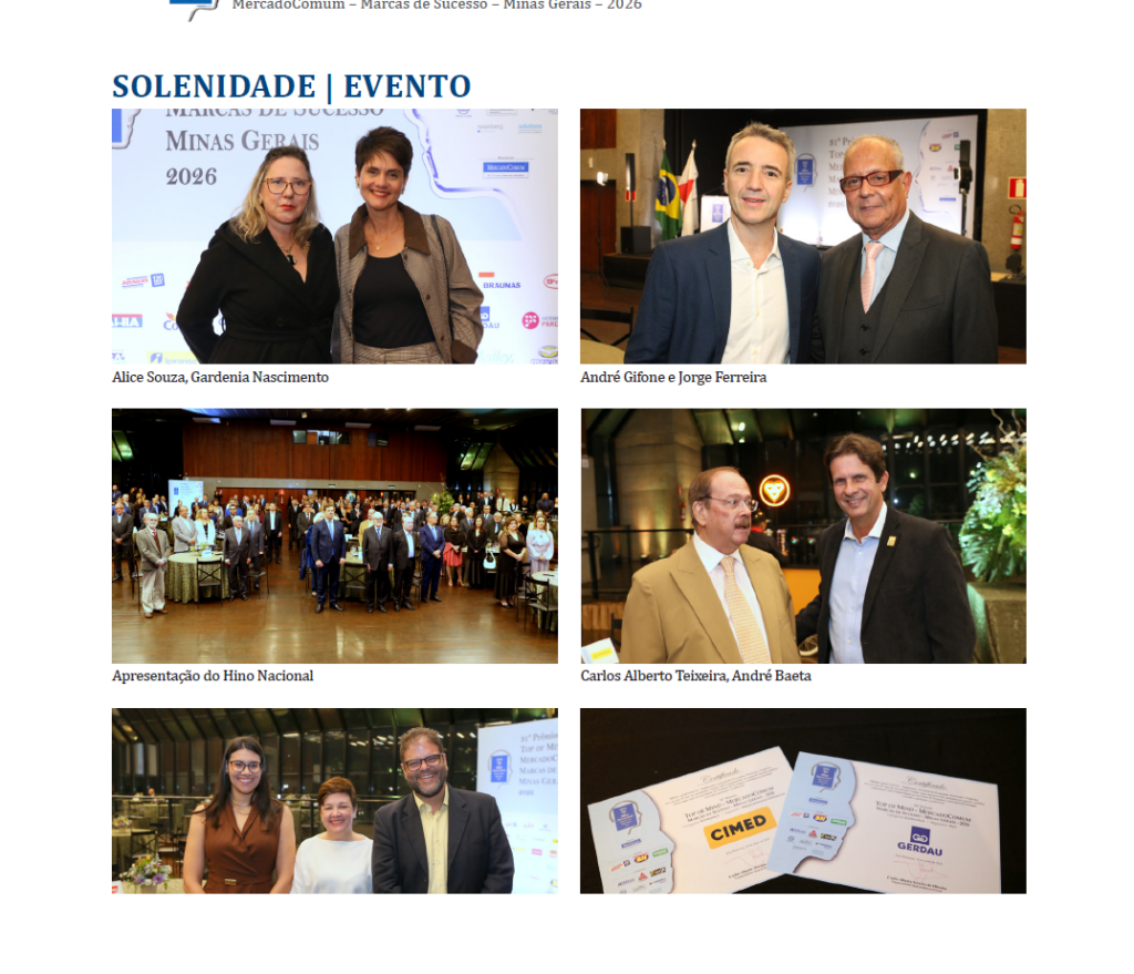 Fotos da solenidade do 1º Prêmio Top of Mind – MercadoComum – Marcos de Sucesso – Minas Gerais 2026